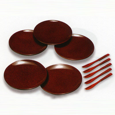 画像1: 【名入れ無料の漆器*お皿/小皿の通販】紅鳶色の煌めき ななこ塗り銘々皿（5枚組・フォーク付）小